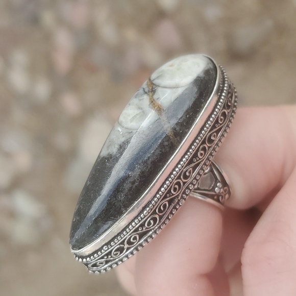 New Oversized Orthoceras Fossil Antique Design 925 Silver Statement Ring. - Picture 6 of 11